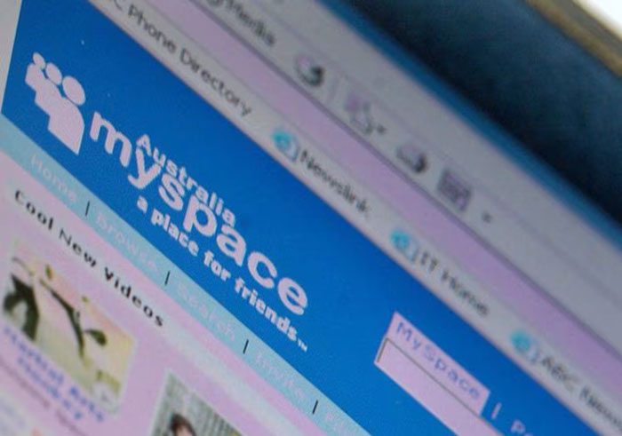 MySpace homepage displayed on a computer screen, highlighting social media platform interface. MySpace homepage displayed on a computer screen, highlighting social media platform interface.