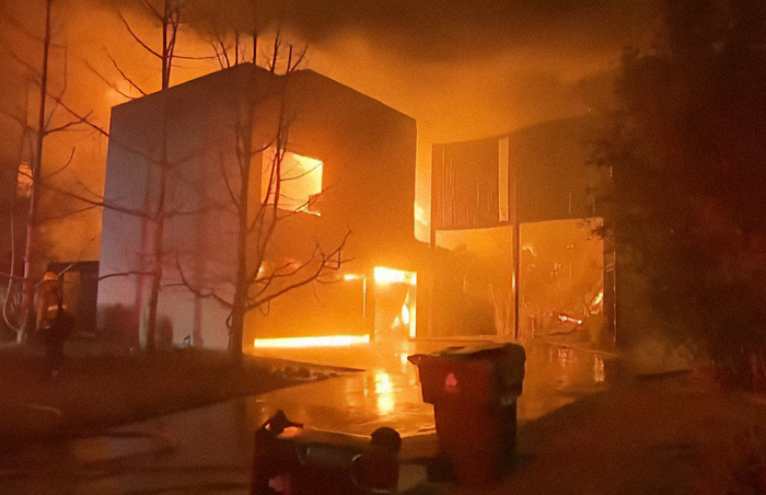 Building engulfed in flames at night during wildfires. Building engulfed in flames at night during wildfires.