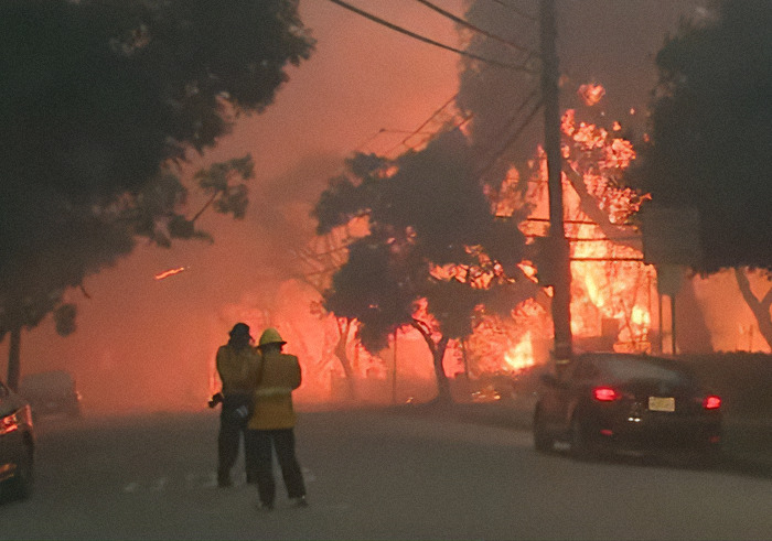 Streets in flames during LA wildfires. Streets in flames during LA wildfires.