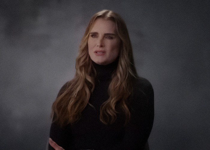 Brooke Shields in a dark turtleneck speaking in an interview setting. Brooke Shields in a dark turtleneck speaking in an interview setting.