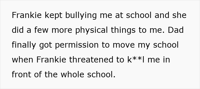 Text describing a teen's bullying experience and school transfer due to threats. Text describing a teen's bullying experience and school transfer due to threats.