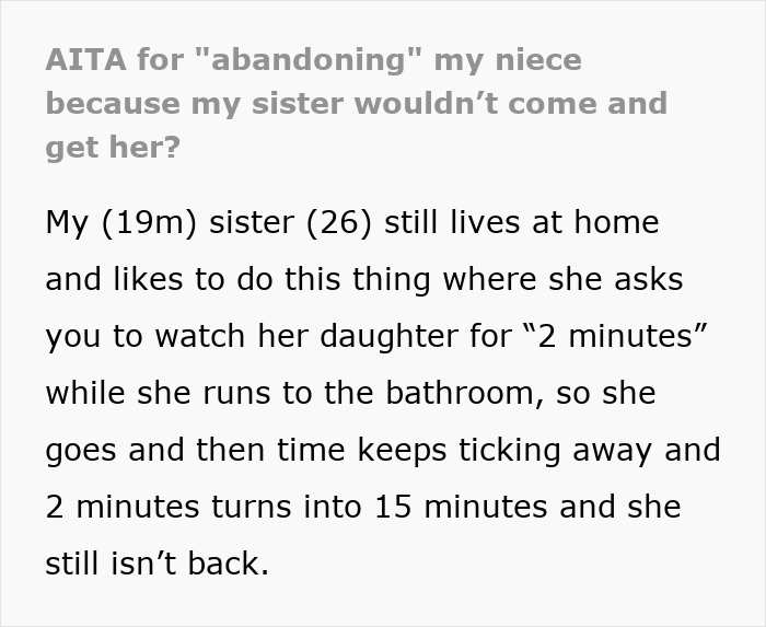 “AITA For ‘Abandoning’ My Niece Because My Sister Wouldn’t Come And Get Her?” “AITA For ‘Abandoning’ My Niece Because My Sister Wouldn’t Come And Get Her?”