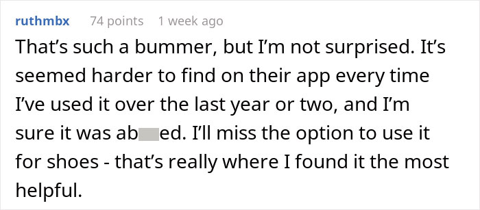 Customer comment about Amazon's AI reducing the visibility of "Try Before You Buy" service, expressing disappointment. Customer comment about Amazon's AI reducing the visibility of "Try Before You Buy" service, expressing disappointment.