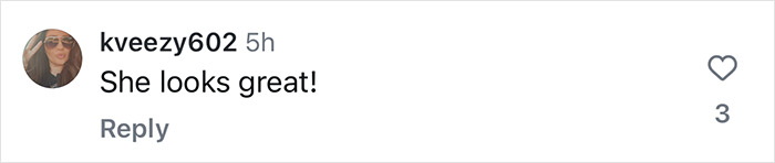 Social media comment on Amy Schumer's experience, reading "She looks great!" with three likes. Social media comment on Amy Schumer's experience, reading "She looks great!" with three likes.