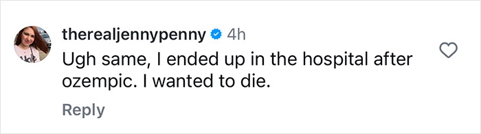 Instagram comment discussing a negative Ozempic experience, mentioning hospitalization. Instagram comment discussing a negative Ozempic experience, mentioning hospitalization.