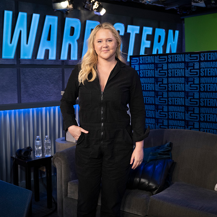Amy Schumer in a black outfit, standing in a studio. Amy Schumer in a black outfit, standing in a studio.