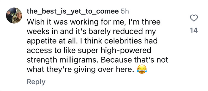 Comment discusses Ozempic experience and compares celebrity access to high-strength doses. Comment discusses Ozempic experience and compares celebrity access to high-strength doses.
