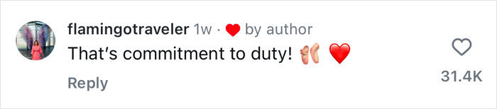 A social media comment praising a ballerina's commitment, highlighted by emojis and showing 31.4K likes. A social media comment praising a ballerina's commitment, highlighted by emojis and showing 31.4K likes.