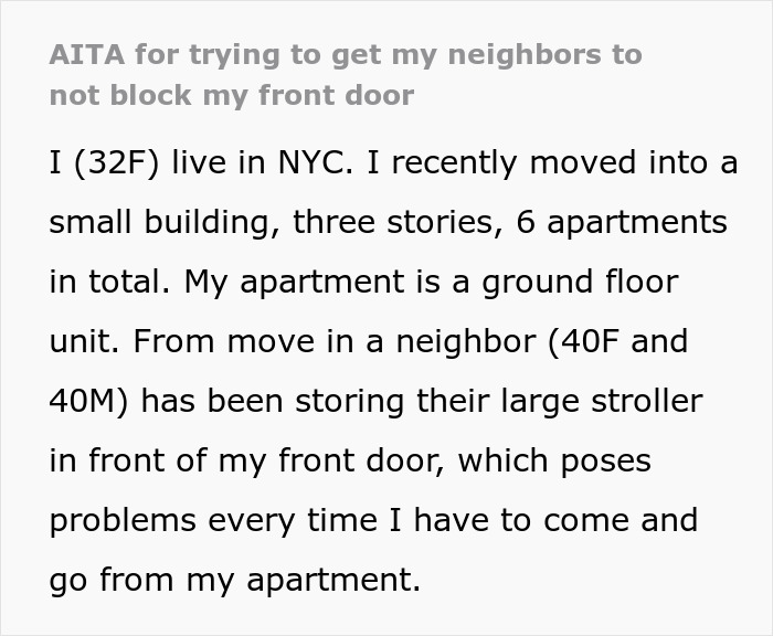Text post about a woman reporting neighbors for blocking her door with a stroller. Text post about a woman reporting neighbors for blocking her door with a stroller.