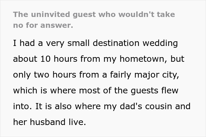 Text describing an uninvited guest obsessed with a woman's wedding and showing up at the rehearsal dinner. Text describing an uninvited guest obsessed with a woman's wedding and showing up at the rehearsal dinner.