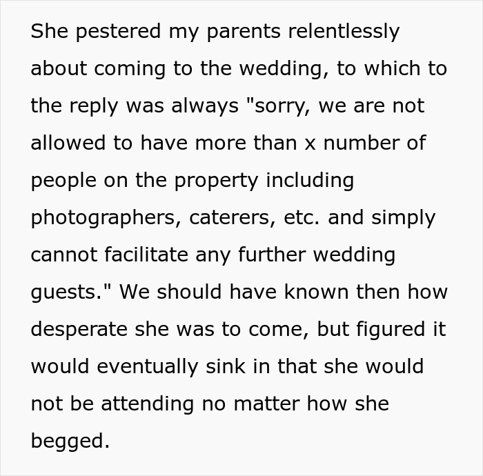 Text discussing a woman obsessed with attending a wedding, persistently pleading for an invitation despite limits. Text discussing a woman obsessed with attending a wedding, persistently pleading for an invitation despite limits.