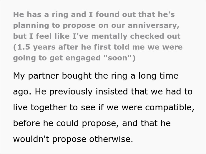 Text about planning a ring proposal on an anniversary but feeling checked out emotionally. Text about planning a ring proposal on an anniversary but feeling checked out emotionally.