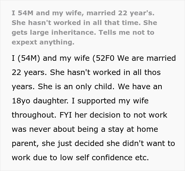 Man Considers Divorce When Wife Refuses To Share Her Inheritance After Relying On Him For 22 Years Man Considers Divorce When Wife Refuses To Share Her Inheritance After Relying On Him For 22 Years
