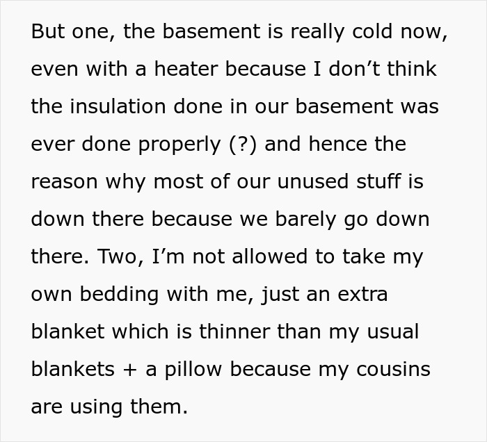 Text about a cold dingy basement and insufficient bedding for a 16-year-old. Text about a cold dingy basement and insufficient bedding for a 16-year-old.