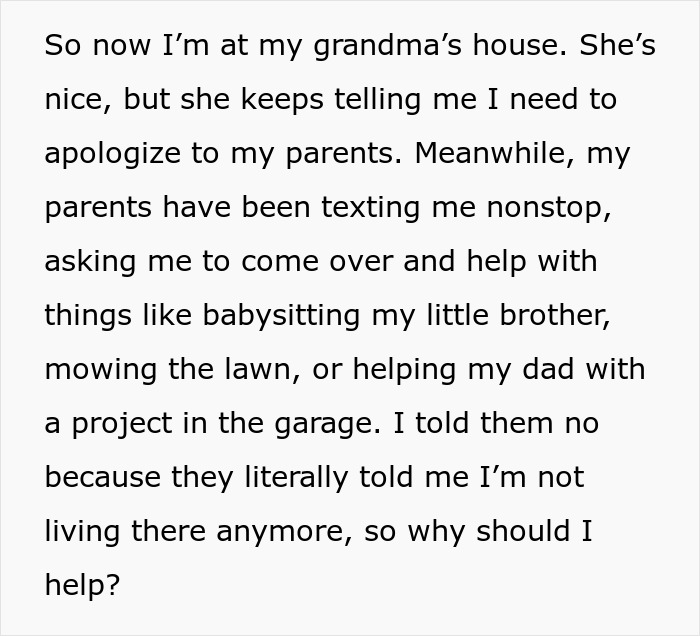 Text excerpt discussing refusal to help parents after being told they're not living there. Text excerpt discussing refusal to help parents after being told they're not living there.