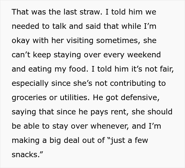 Text exchange about a woman eating a roommate's food frequently and the ensuing conflict. Text exchange about a woman eating a roommate's food frequently and the ensuing conflict.