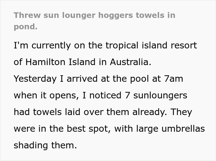 Text describing petty revenge at a resort, involving throwing towels in a pond. Text describing petty revenge at a resort, involving throwing towels in a pond.
