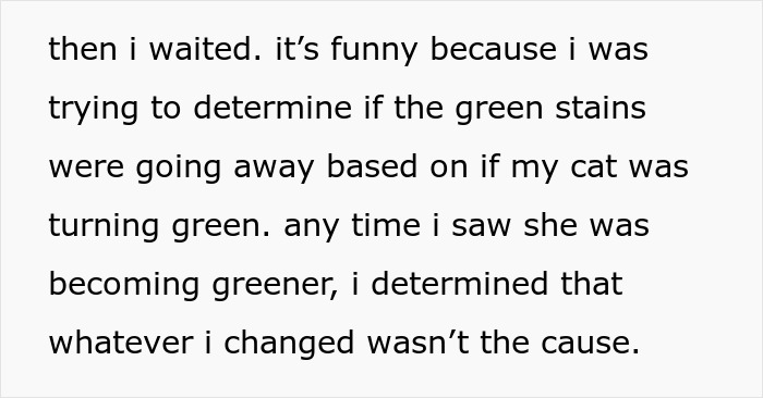 Text excerpt about a woman's humorous experience with green stains in her home related to her cat. Text excerpt about a woman's humorous experience with green stains in her home related to her cat.