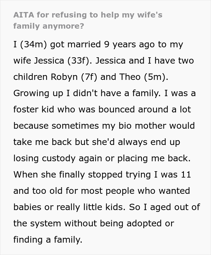 Text image discussing a man refusing to help his wife's family and his past in foster care. Text image discussing a man refusing to help his wife's family and his past in foster care.