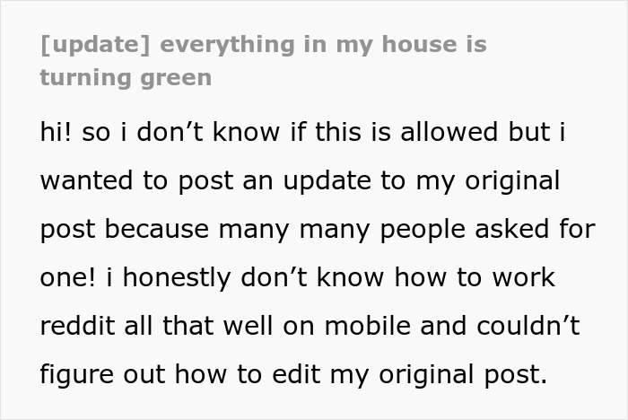 Text discussing home stains and inability to edit an original online post. Text discussing home stains and inability to edit an original online post.