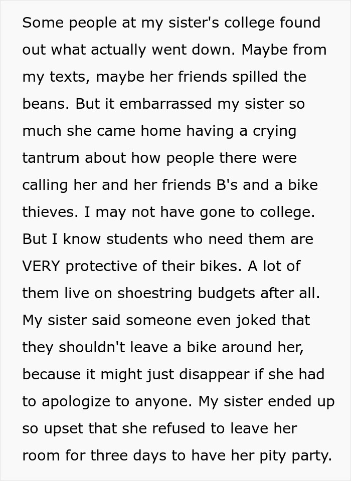 Text about a woman being called names for allegedly taking bikes at college, leading to her being upset and staying home. Text about a woman being called names for allegedly taking bikes at college, leading to her being upset and staying home.