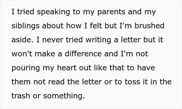 Text image with a teen expressing feelings of being ignored, discussing attempts to communicate with family. Text image with a teen expressing feelings of being ignored, discussing attempts to communicate with family.