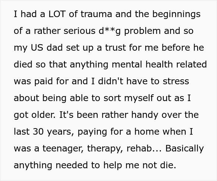 Text revealing trust fund set up for mental health, covering therapy and rehab due to trauma and addiction issues. Text revealing trust fund set up for mental health, covering therapy and rehab due to trauma and addiction issues.