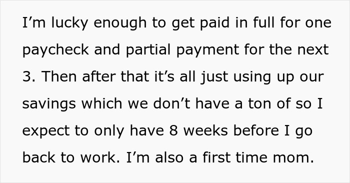 Text about a first-time mom discussing financial concerns and limited maternity leave. Text about a first-time mom discussing financial concerns and limited maternity leave.