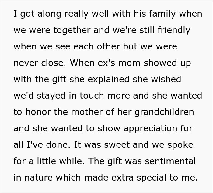 Text recounting a story about a sentimental bracelet gift from an ex-MIL, and the appreciation and emotions involved. Text recounting a story about a sentimental bracelet gift from an ex-MIL, and the appreciation and emotions involved.