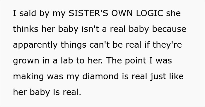 Text about a sister's logic regarding a baby's reality compared to a lab-grown diamond. Text about a sister's logic regarding a baby's reality compared to a lab-grown diamond.