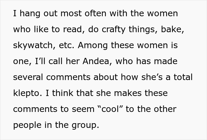 Text about a woman who discusses friends, hobbies, and a kleptomaniac in the group. Text about a woman who discusses friends, hobbies, and a kleptomaniac in the group.