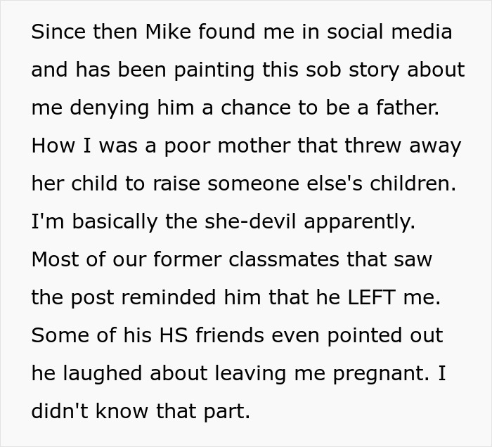 Text from a person discussing their former partner's social media claims after giving up a child for adoption. Text from a person discussing their former partner's social media claims after giving up a child for adoption.