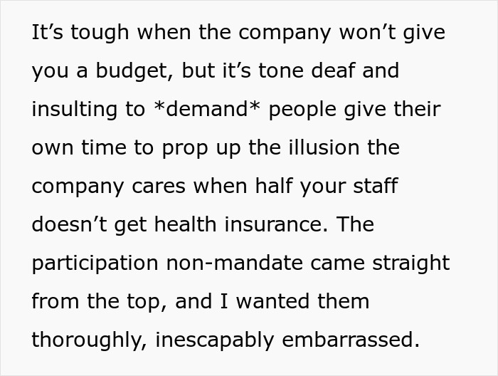 Text about company appreciation potluck highlighting employee dissatisfaction and lack of support. Text about company appreciation potluck highlighting employee dissatisfaction and lack of support.