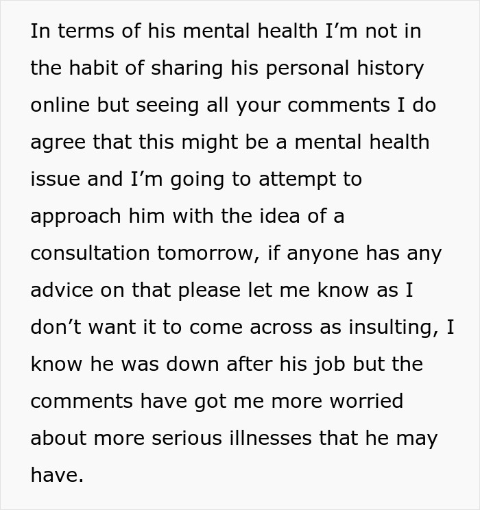 Text discussing concerns about someone's mental health and seeking advice for a consultation. Text discussing concerns about someone's mental health and seeking advice for a consultation.
