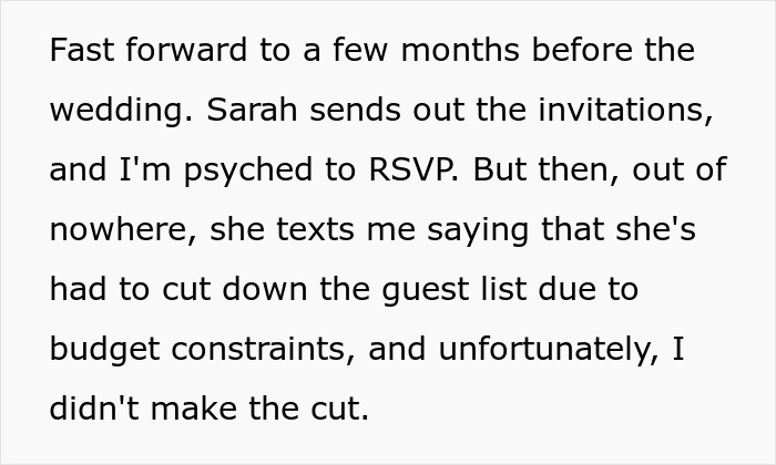 Text message about being uninvited from a wedding due to budget cuts. Text message about being uninvited from a wedding due to budget cuts.