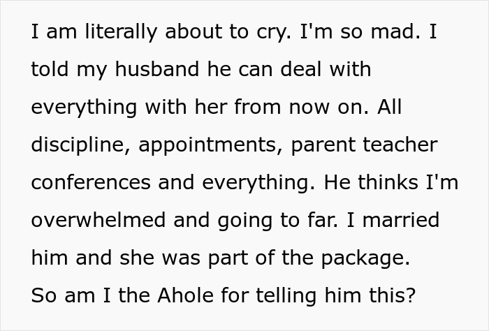 Text expressing frustration over husband taking on daughter responsibilities. Text expressing frustration over husband taking on daughter responsibilities.