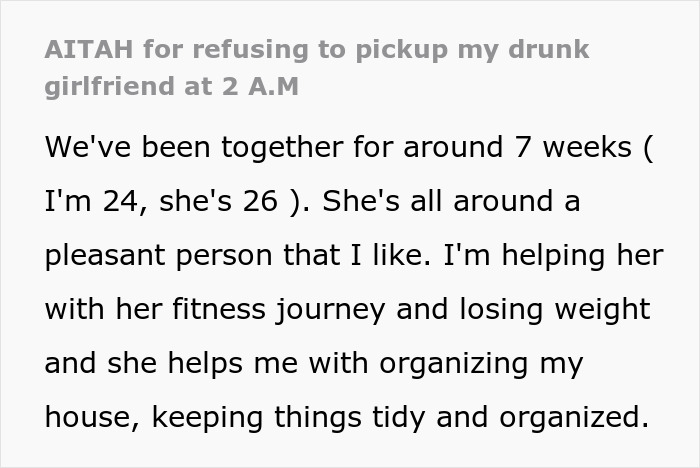 Text about a guy refusing to pick up his drunk girlfriend at 2 A.M. Text about a guy refusing to pick up his drunk girlfriend at 2 A.M.