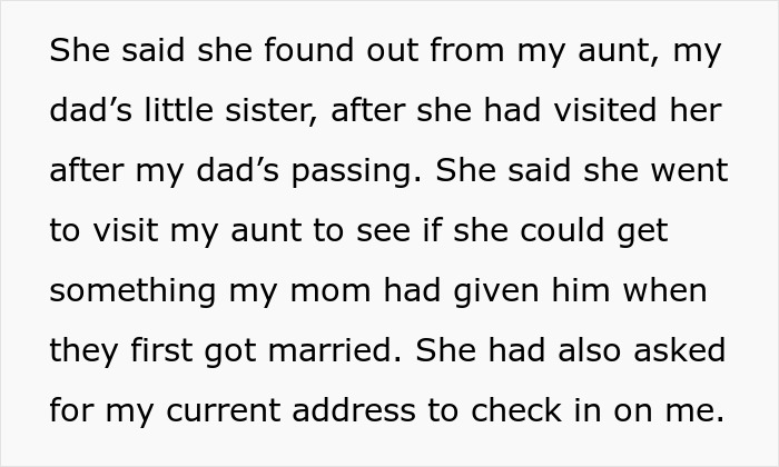 Text describing a relative visiting an aunt after a father's passing, seeking items and address, involving a toxic mom. Text describing a relative visiting an aunt after a father's passing, seeking items and address, involving a toxic mom.
