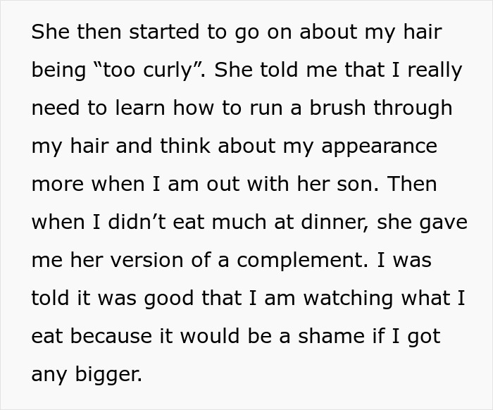 Text conversation about family dinner critiques related to appearance. Text conversation about family dinner critiques related to appearance.