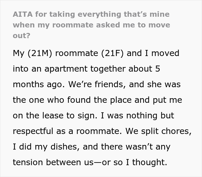 Woman Is Mad After Roommate Takes Everything He Bought Upon Being Kicked Out, Gets A Reality Check Woman Is Mad After Roommate Takes Everything He Bought Upon Being Kicked Out, Gets A Reality Check