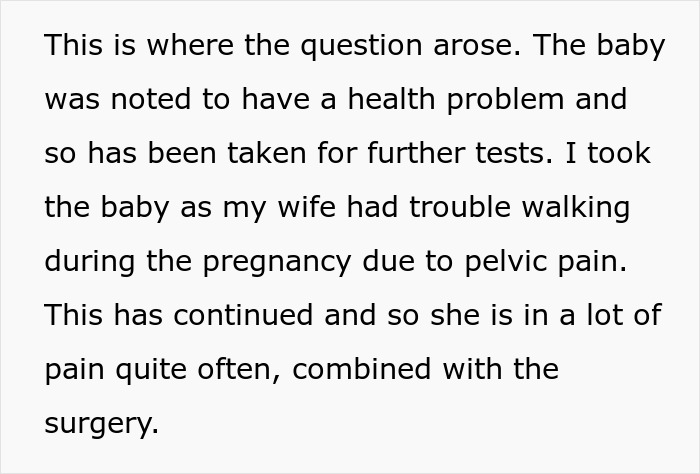 Text discussing man questioning his choices about staying with his wife post-C-section due to health issues with baby. Text discussing man questioning his choices about staying with his wife post-C-section due to health issues with baby.