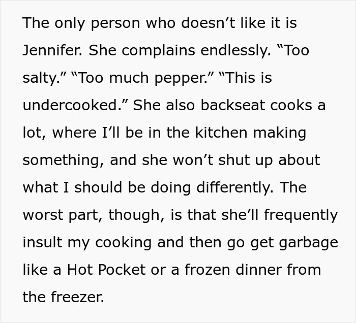 Text discussing a husband experiencing cooking drama with his wife’s critiques and preferences for frozen foods. Text discussing a husband experiencing cooking drama with his wife’s critiques and preferences for frozen foods.