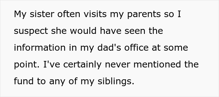 Text describes sister's frequent visits to parents, suspects she found trust fund details in dad’s office. Text describes sister's frequent visits to parents, suspects she found trust fund details in dad’s office.