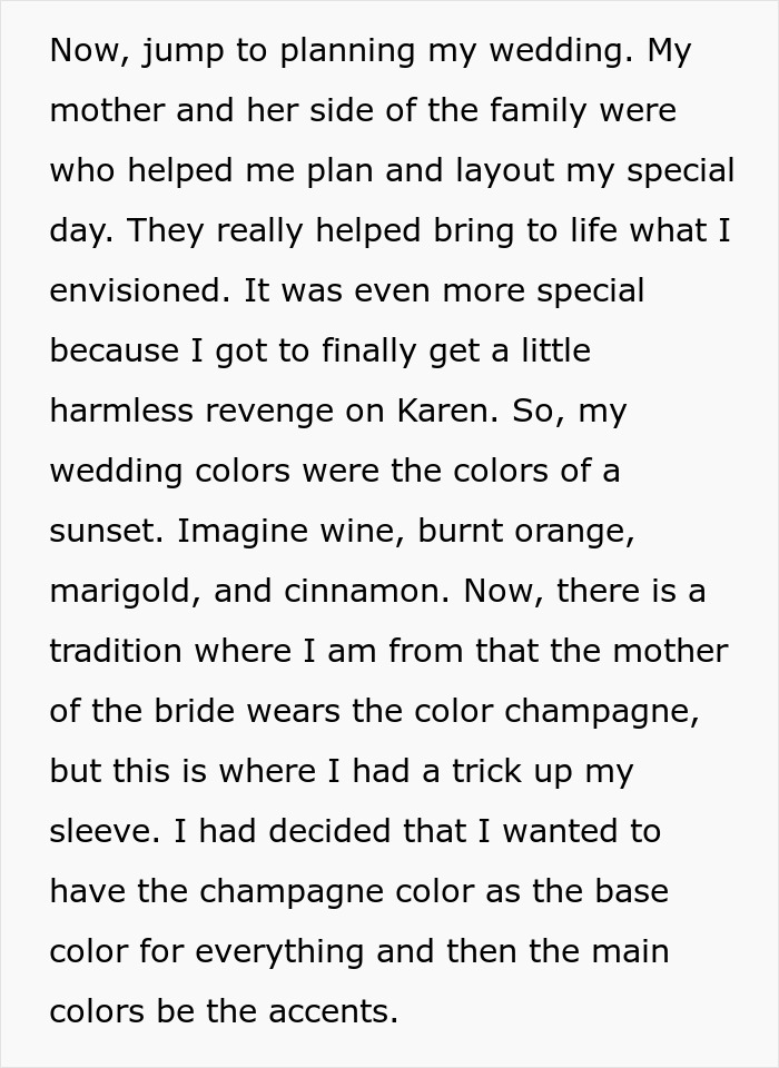 Wedding planning text discussing colors like champagne, wine, burnt orange, marigold, and cinnamon for the special day. Wedding planning text discussing colors like champagne, wine, burnt orange, marigold, and cinnamon for the special day.