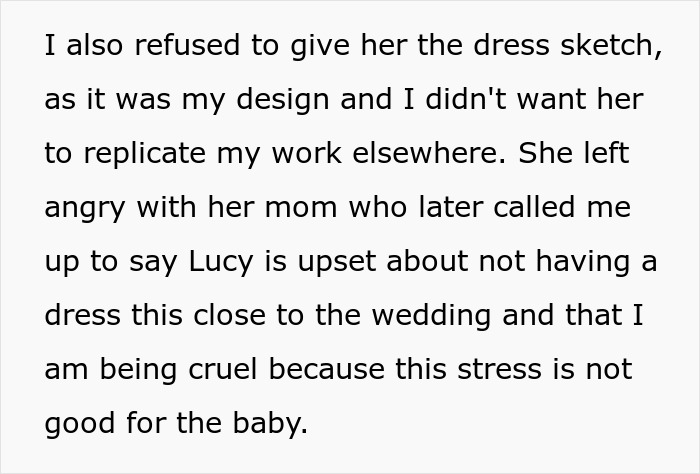 Bridal shop owner refuses cousin's request for a free second wedding dress, causing family conflict. Bridal shop owner refuses cousin's request for a free second wedding dress, causing family conflict.