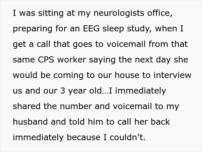 Text message mentioning CPS visit, family interview, and the woman's reaction. Text message mentioning CPS visit, family interview, and the woman's reaction.