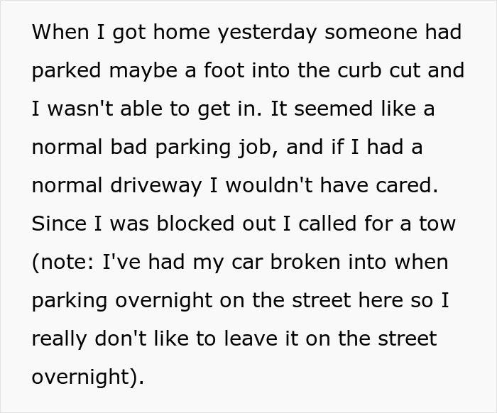 Text about a car blocking a driveway, leading to a towing call due to parking issues. Text about a car blocking a driveway, leading to a towing call due to parking issues.