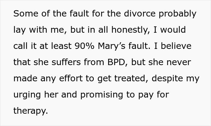 Text discussing fault in a divorce, focusing on untreated BPD and therapy offers. Text discussing fault in a divorce, focusing on untreated BPD and therapy offers.