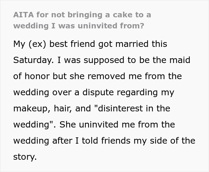 Text post about an ex-best friend being uninvited from a wedding over a dispute, mentioning a canceled cake order. Text post about an ex-best friend being uninvited from a wedding over a dispute, mentioning a canceled cake order.