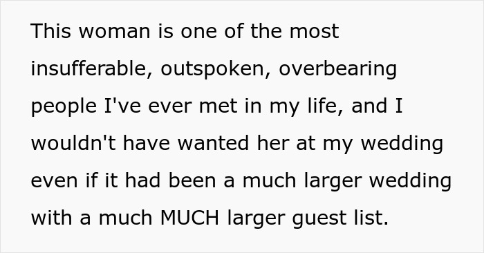 Text expressing frustration with an insufferable and overbearing woman at a wedding event. Text expressing frustration with an insufferable and overbearing woman at a wedding event.